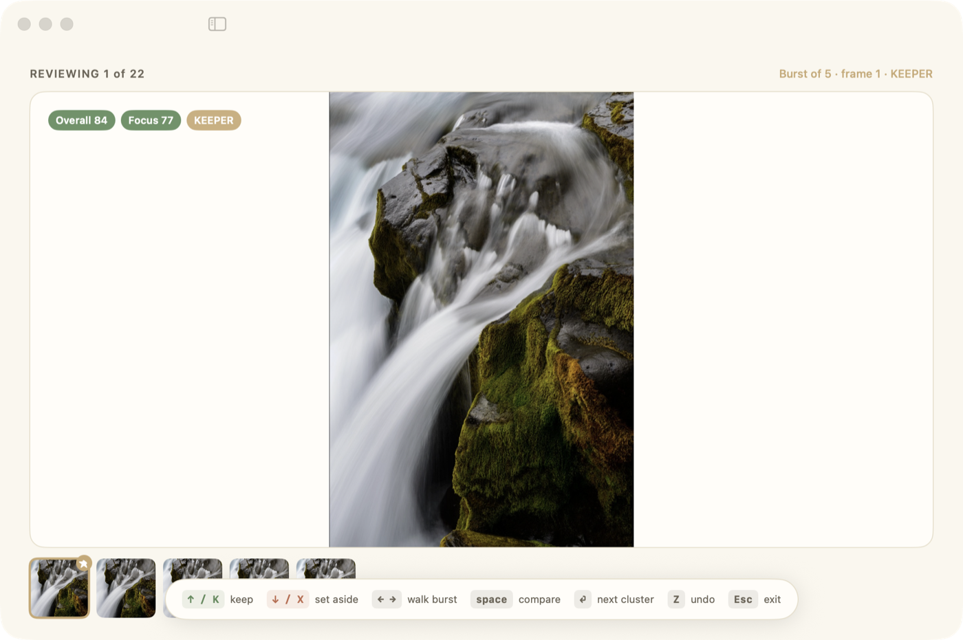 Winnow for Mac speed mode: full-window keyboard-only review with the shortcut legend